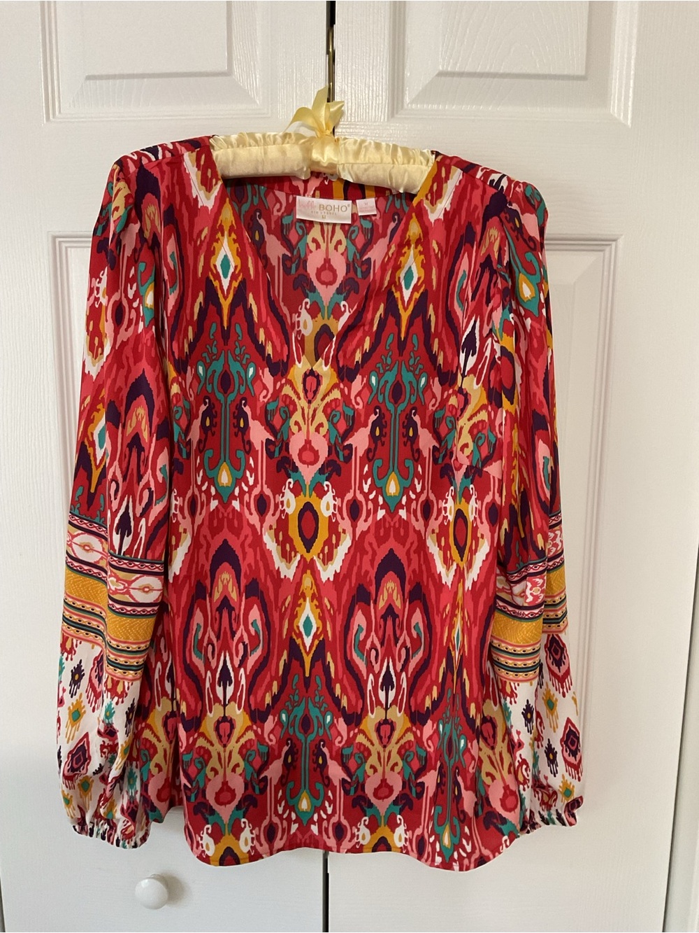 Kim Gravel Boho Chic Red Multicolor Printed V-Neck Blouse
